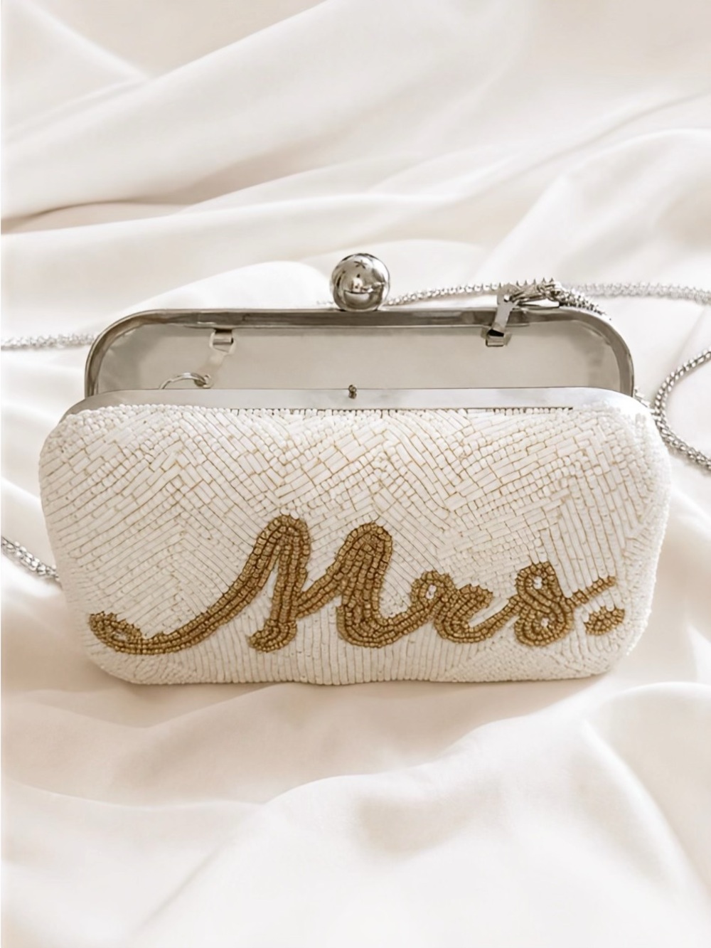 Mrs Beaded Bridal Clutch Bag Kiss Lock Chain Strap Ivory Champagne Gold - Picture 3 of 10